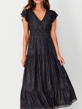 Ann Taylor Navy Metallic V-Neck Tiered Maxi